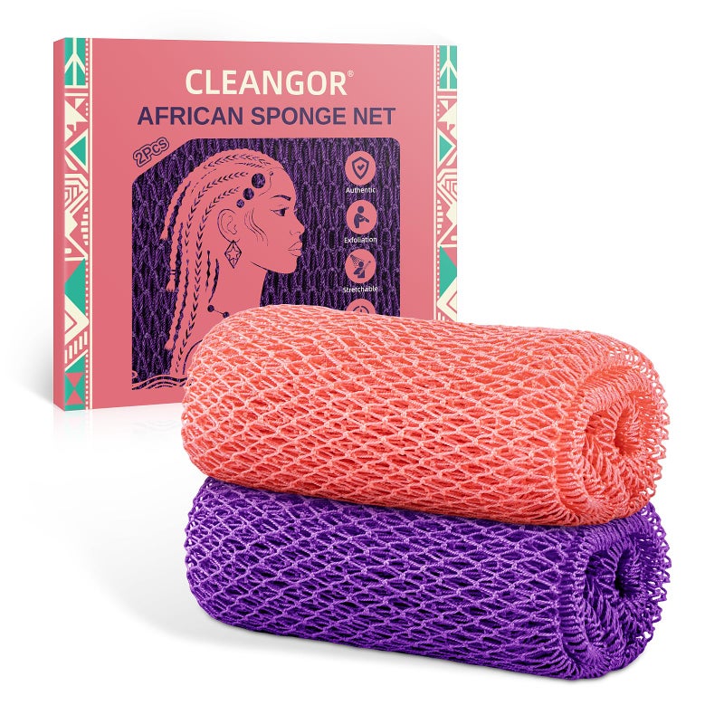 Cleangor 2Pcs African Net Sponge Authentic with Knots - Exfoliating Body Scrubber for All Skin Types  African Bath Sponge  Wash Cloth  Gentle Exfoliation Shower Rag for Women Daily Use(Pink & Purple) - Image 1